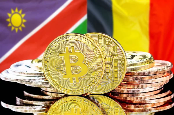 Namibya ve Belçika bayraklarında Bitcoins.