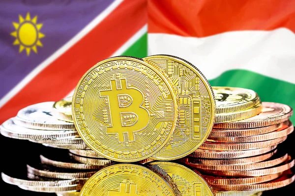 Namibya ve Macaristan bayraklarında Bitcoins.