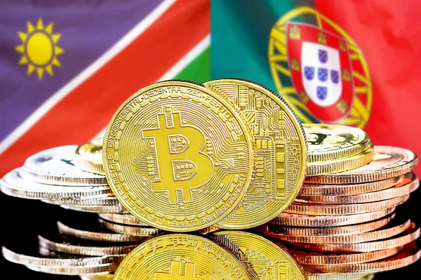 Namibya ve Portekiz bayraklarında Bitcoins.