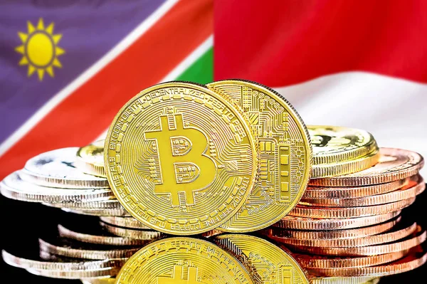 Namibya ve Monako bayrak arkaplanındaki bitcoinler.