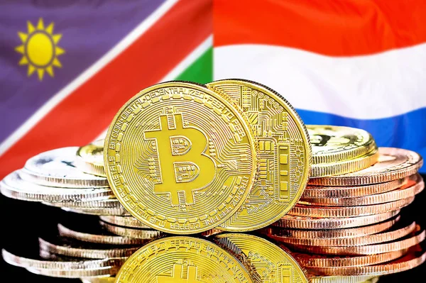 Namibya ve Hollanda bayraklarında Bitcoins.