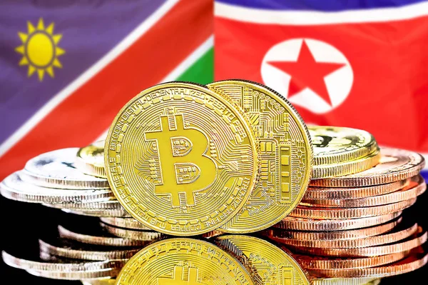 Namibya ve Kuzey Kore bayraklarında Bitcoins.