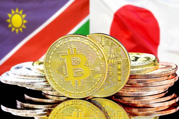 Namibya ve Japonya bayrak arkaplanındaki bitcoinler.