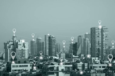 Mavi ton şehir scape ve ağ bağlamak üzerinde Harita gps pin düz