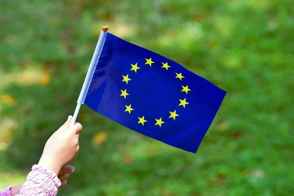 Руки Девочки Флагом Европейского Союза Зеленом Фоне Травы Концепция Дня — стоковое фото
