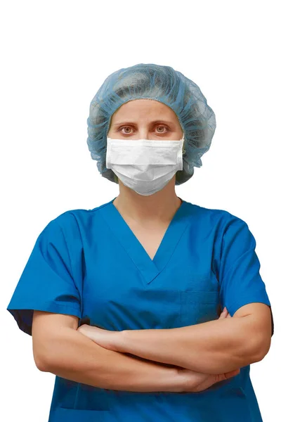 Portrét Chirurga Nebo Lékaře Masce Klobouku Modré Uniformě Dívá Kameru — Stock fotografie