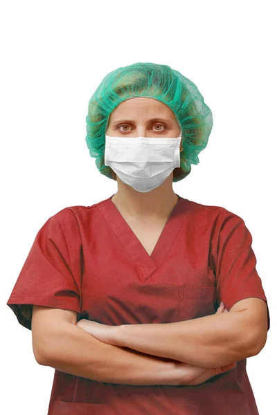 Portrét Chirurga Nebo Lékaře Masce Klobouku Červené Uniformě Dívá Kameru — Stock fotografie