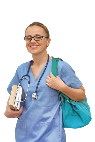 Attraktiv Ung Kvinnlig Sjuksköterska Glasögon Eller Praktikant Blå Uniform Med — Stockfoto