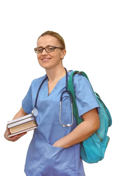 Attraktiv Ung Kvinnlig Sjuksköterska Glasögon Eller Praktikant Blå Uniform Med — Stockfoto