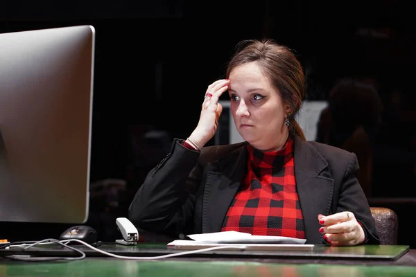 Shocked office worker, manager woman sitting in front of the monitor of computer. Funny face expression emotion feelings problems, stress, fear.