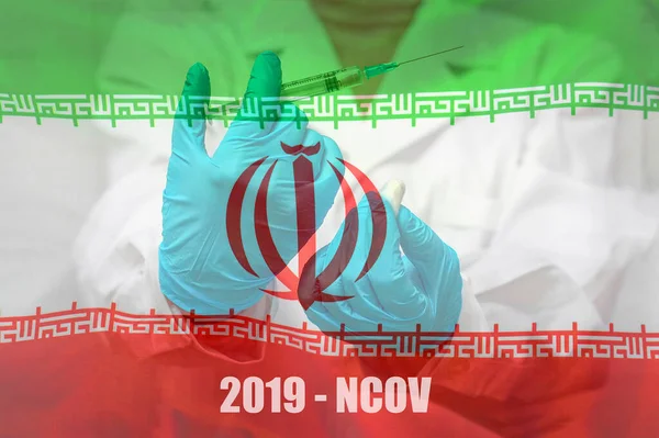 Hand of doctor or nurse in blue gloves holding syringe for vaccination against the background of the Iran flag. Medicine concept and fight the virus. China coronavirus in Iran.