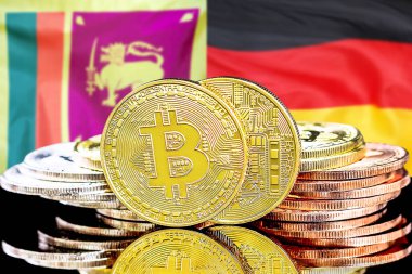 Sri Lanka ve Almanya 'daki kripto para birimi ve engelleme teknolojisi yatırımcıları için kavram. Sri Lanka ve Almanya bayrağının arka planında Bitcoin 'ler.