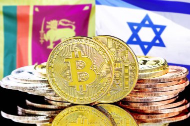 Sri Lanka ve İsrail 'deki kripto para birimi ve engelleme teknolojisi yatırımcıları için kavram. Sri Lanka ve İsrail bayrağının arka planında Bitcoin 'ler.