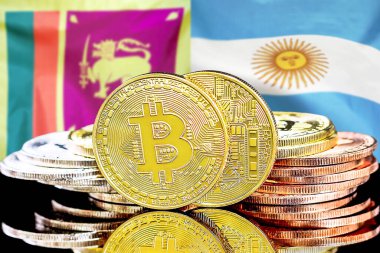 Sri Lanka ve Arjantin 'deki kripto para birimi ve engelleme teknolojisi yatırımcıları için konsept. Sri Lanka ve Arjantin bayrağının arka planında Bitcoin 'ler.