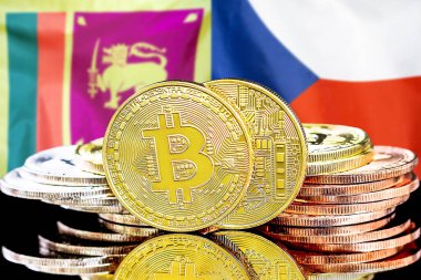 Sri Lanka ve Çek Cumhuriyeti 'ndeki kripto para birimi ve engelleme teknolojisi yatırımcıları için kavram. Sri Lanka ve Çek Cumhuriyeti bayrağının arka planında Bitcoin 'ler.