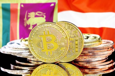 Sri Lanka ve Avusturya 'daki kripto para birimi ve engelleme teknolojisi yatırımcıları için kavram. Sri Lanka ve Avusturya bayrağının arka planında Bitcoin 'ler.