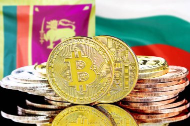 Sri Lanka ve Bulgaristan 'daki kripto para birimi ve Blockchain teknolojisi yatırımcıları için kavram. Sri Lanka ve Bulgaristan bayrağının arka planında Bitcoin 'ler.