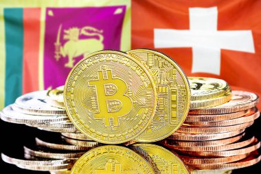 Sri Lanka ve İsviçre 'deki kripto para birimi ve engelleme teknolojisi yatırımcıları için konsept. Sri Lanka ve İsviçre bayrağının arka planında Bitcoin 'ler.