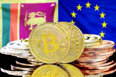 Sri Lanka ve Avrupa Birliği 'ndeki kripto para birimi ve engelleme teknolojisi yatırımcıları için kavram. Sri Lanka ve Avrupa Birliği bayrağının arka planında Bitcoin 'ler.