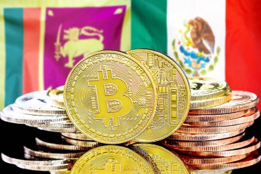Sri Lanka ve Meksika 'daki kripto para birimi ve engelleme teknolojisi yatırımcıları için konsept. Sri Lanka ve Meksika bayrağının arka planında Bitcoin 'ler.