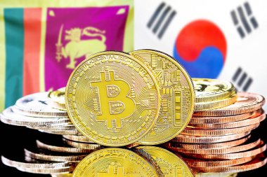 Sri Lanka ve Güney Kore 'deki kripto para birimi ve engelleme teknolojisi yatırımcıları için konsept. Sri Lanka ve Güney Kore bayrağının arka planında Bitcoin 'ler.