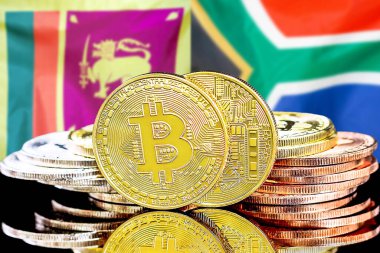 Sri Lanka ve Güney Afrika 'daki kripto para birimi ve engelleme teknolojisi yatırımcıları için kavram. Sri Lanka ve Güney Afrika bayrağının arka planında Bitcoin 'ler.