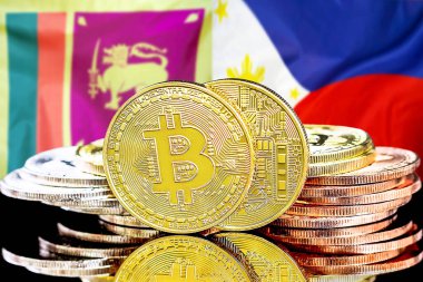 Sri Lanka ve Filipinler 'deki kripto para birimi ve engelleme teknolojisi yatırımcıları için konsept. Sri Lanka ve Filipinler bayrağının arka planında Bitcoin 'ler.