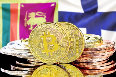 Sri Lanka ve Finlandiya 'daki kripto para birimi ve engelleme teknolojisi yatırımcıları için kavram. Sri Lanka ve Finlandiya bayrağının arka planında Bitcoin 'ler.