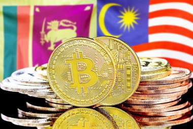 Sri Lanka ve Malezya 'daki kripto para birimi ve engelleme teknolojisi yatırımcıları için kavram. Sri Lanka ve Malezya bayrağının arka planında Bitcoin 'ler.