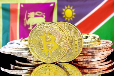 Sri Lanka ve Namibya 'daki kripto para birimi ve engelleme teknolojisi yatırımcıları için kavram. Sri Lanka ve Namibya bayrağının arka planında Bitcoin 'ler.
