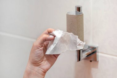 Tuvaletteki beyaz bir kadının eli rulonun son kağıdını alıyor. Son tuvalet kağıdı parçası..