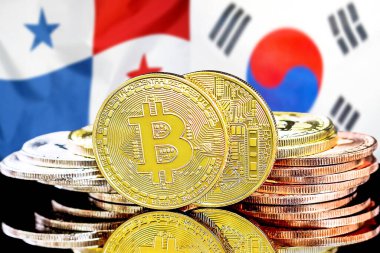 Panama ve Güney Kore 'deki kripto para birimi ve engelleme teknolojisi yatırımcıları için konsept. Panama ve Güney Kore bayrağının arka planında Bitcoin 'ler.