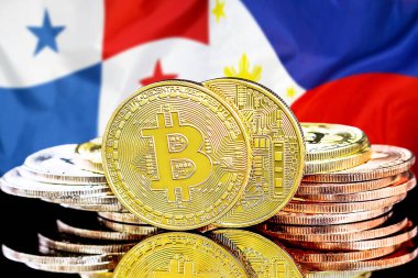 Panama ve Filipinler 'deki kripto para birimi ve engelleme teknolojisi yatırımcıları için konsept. Panama ve Filipinler bayrağının arka planında bitcoinler.