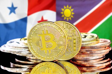 Panama ve Namibya 'daki kripto para birimi ve engelleme teknolojisi yatırımcıları için konsept. Panama ve Namibya bayrağının arka planında Bitcoin 'ler.