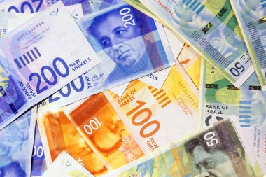 İsrail 'in 50, 100 ve 200 şekel' lik yeni para desteleri (banknotlar). Yeni İsrail Shekel serisi C.