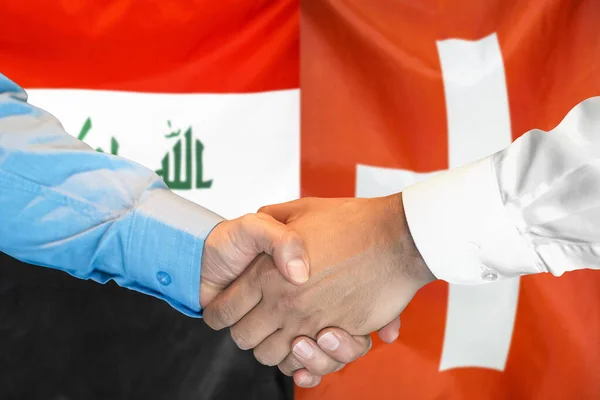 Business Handshake Background Two Flags Men Handshake Background Iraq Switzerland — Stock Photo, Image