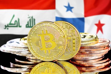 Irak ve Panama 'daki kripto para birimi ve engelleme teknolojisi yatırımcıları için konsept. Irak ve Panama bayrağının arka planında Bitcoin 'ler.