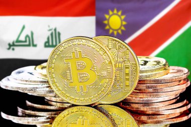 Irak ve Namibya 'daki kripto para birimi ve engelleme teknolojisi yatırımcıları için konsept. Irak ve Namibya bayrağının arka planında bitmadeni paralar.
