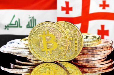 Irak ve Gürcistan 'daki kripto para birimi ve engelleme teknolojisi yatırımcıları için kavram. Irak ve Gürcistan bayrağının arka planında Bitcoin 'ler.