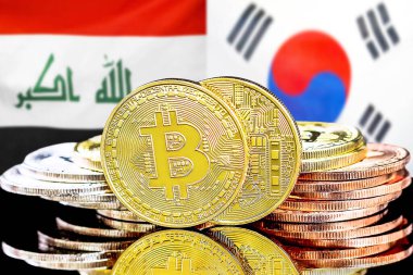 Irak ve Güney Kore 'deki kripto para birimi ve engelleme teknolojisi yatırımcıları için konsept. Irak ve Güney Kore bayrağının arka planında Bitcoin 'ler.
