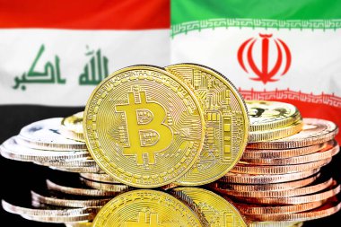 Irak ve İran 'daki kripto para birimi ve engelleme teknolojisi yatırımcıları için konsept. Irak ve İran bayrağının arka planında Bitcoin 'ler.