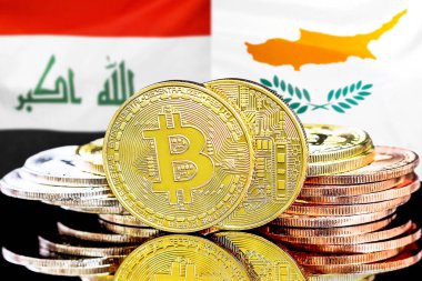 Irak ve Kıbrıs Rum Kesimi 'ndeki kripto para birimi ve engelleme teknolojisi yatırımcıları için kavram. Irak ve Kıbrıs bayrağının arka planında Bitcoin 'ler.