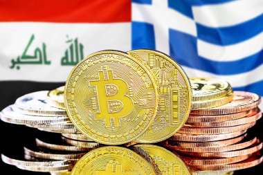 Irak ve Yunanistan 'daki kripto para birimi ve engelleme teknolojisi yatırımcıları için kavram. Irak ve Yunanistan bayrağının arka planında Bitcoin 'ler.