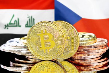 Irak ve Çek Cumhuriyeti 'ndeki kripto para birimi ve engelleme teknolojisi yatırımcıları için kavram. Irak ve Çek Cumhuriyeti bayrağının arka planında Bitcoin 'ler.