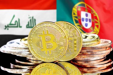 Irak ve Portekiz 'deki kripto para birimi ve engelleme teknolojisi yatırımcıları için kavram. Irak ve Portekiz bayrağının arka planında Bitcoin 'ler.