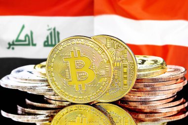 Irak ve Avusturya 'daki kripto para birimi ve engelleme teknolojisi yatırımcıları için kavram. Irak ve Avusturya bayrağının arka planında Bitcoin 'ler.