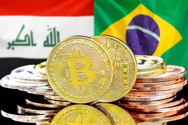 Irak ve Brezilya 'daki kripto para birimi ve engelleme teknolojisi yatırımcıları için konsept. Irak ve Brezilya bayrağının arka planında Bitcoin 'ler.