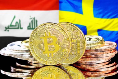 Irak ve İsveç 'teki kripto para birimi ve engelleme teknolojisi yatırımcıları için konsept. Irak ve İsveç bayrağının arka planında Bitcoin 'ler.