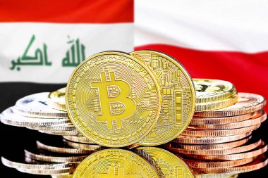Irak ve Polonya 'daki kripto para birimi ve engelleme teknolojisi yatırımcıları için kavram. Irak ve Polonya bayrağının arka planında Bitcoin 'ler.