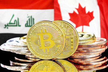 Irak ve Kanada 'daki kripto para birimi ve engelleme teknolojisi yatırımcıları için konsept. Irak ve Kanada bayrağının arka planında Bitcoin 'ler.